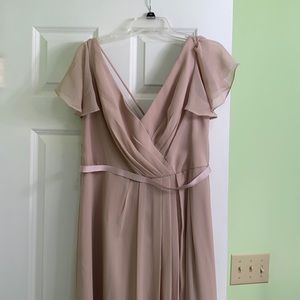 David’s bridal flutter sleeve chiffon with grosgrain detail in “biscotti” color